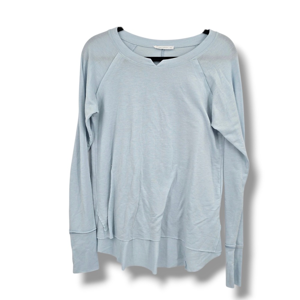 Six Fifty Womens Light Blue Notched Neck Long Sleeve Split Back Top Size S